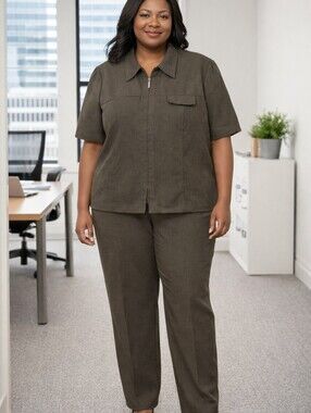 Plaza South Plus Size Pant Suit Set Zip Front Short Sleeve Olive Green